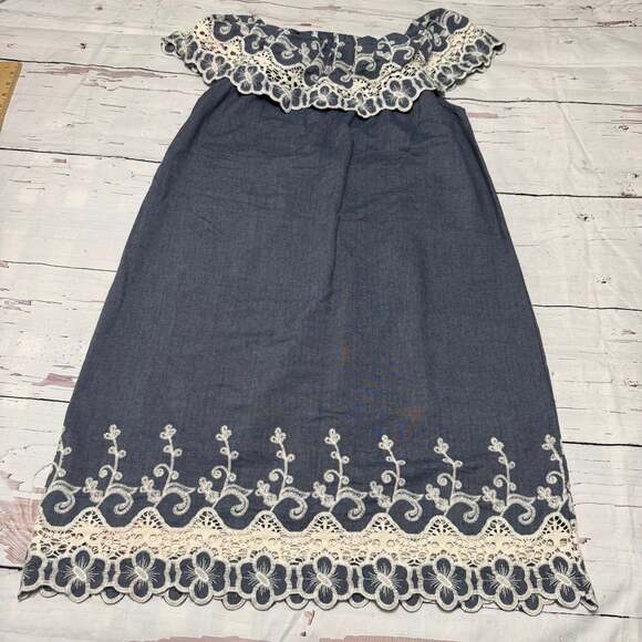 Kaktus Chambray Denim Eyelet Lace Ruffled Off The Shoulder Dress - Picture 5 of 7